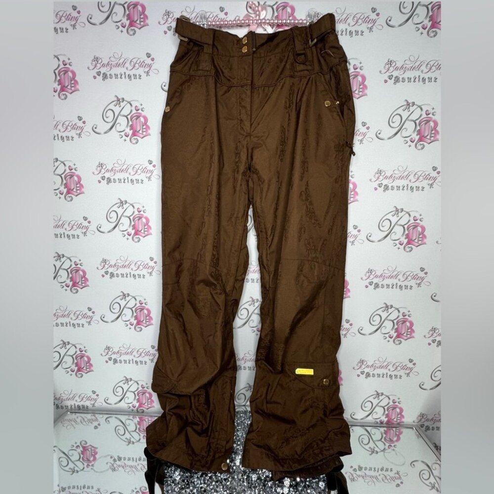 Westbeach snow pants brown paisley shimmer pattern gold hardware ski snowboard